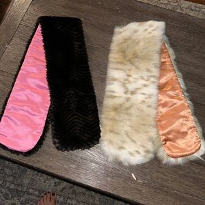 2 Vintage beige Black Faux Fur Scarf Stole Wrap party wedding bold glam costume